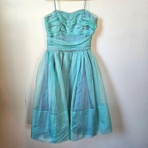 Vintage Jr. Theme 50s Blue Chiffon Gathered Full Dress Cocktail Prom Party XXS